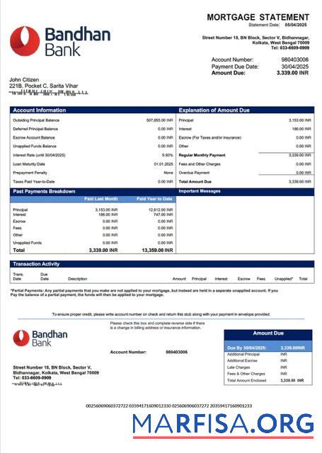 Printable India Bandhan Bank mortgage statement Word and PDF template